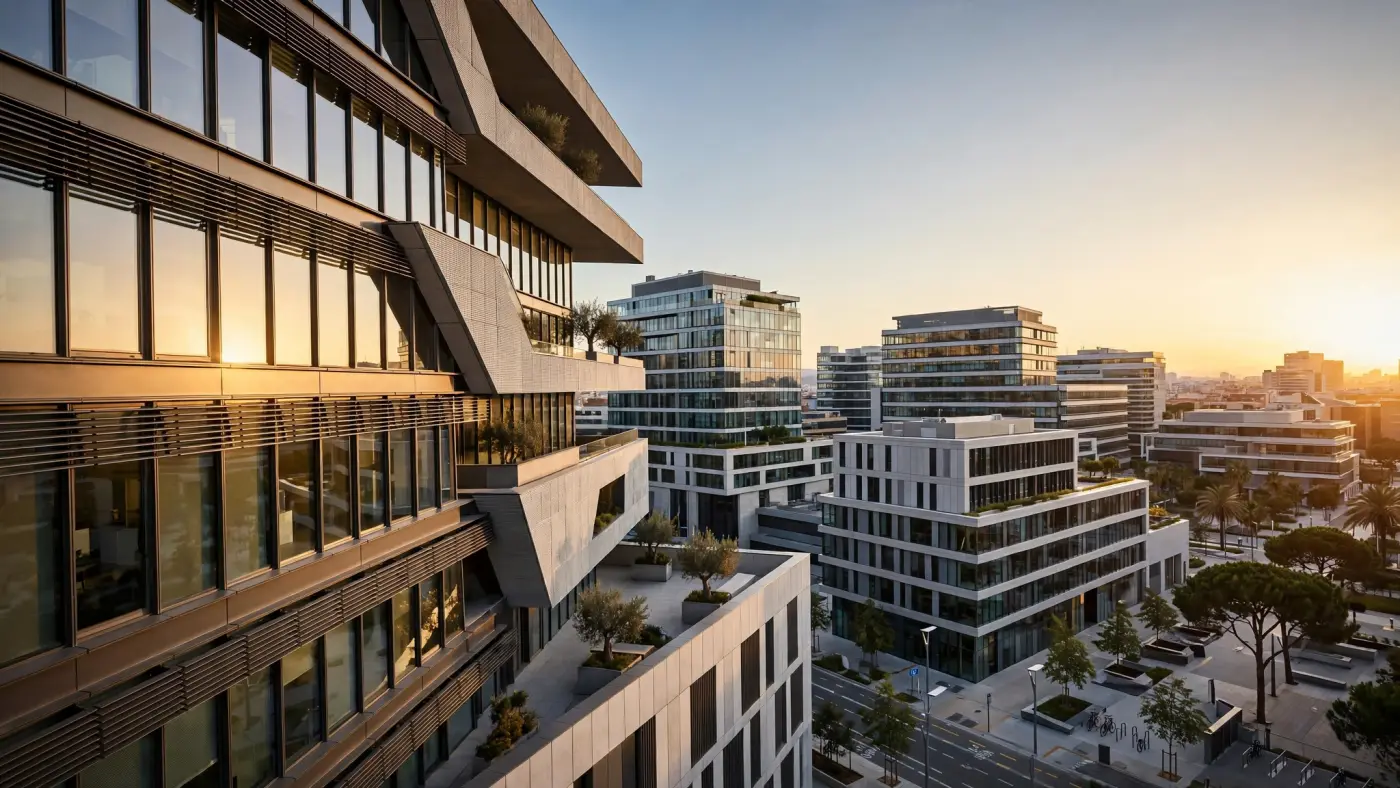 Distrito empresarial moderno en Barcelona al atardecer