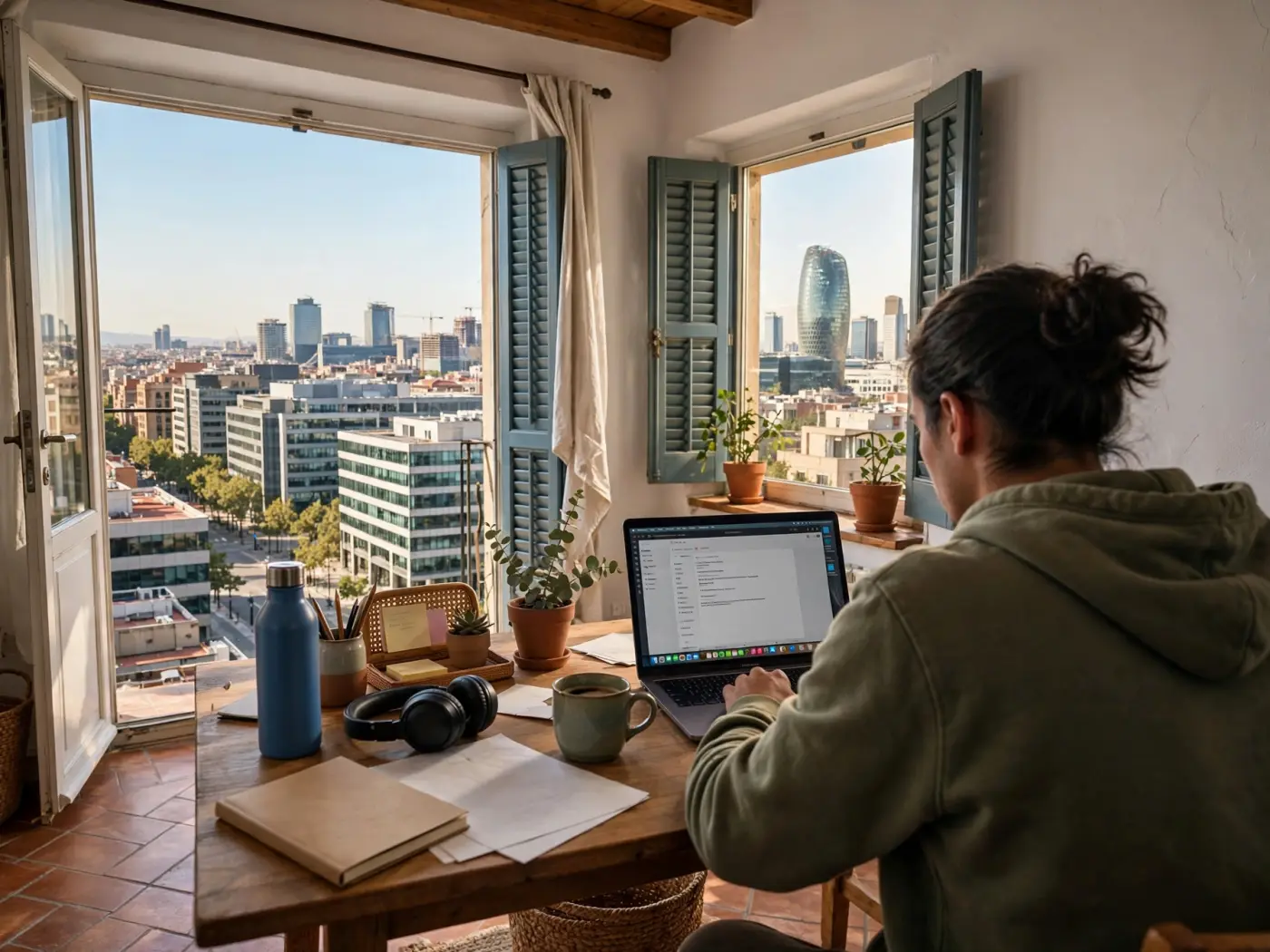 Persona trabajando con un portátil en un apartamento luminoso