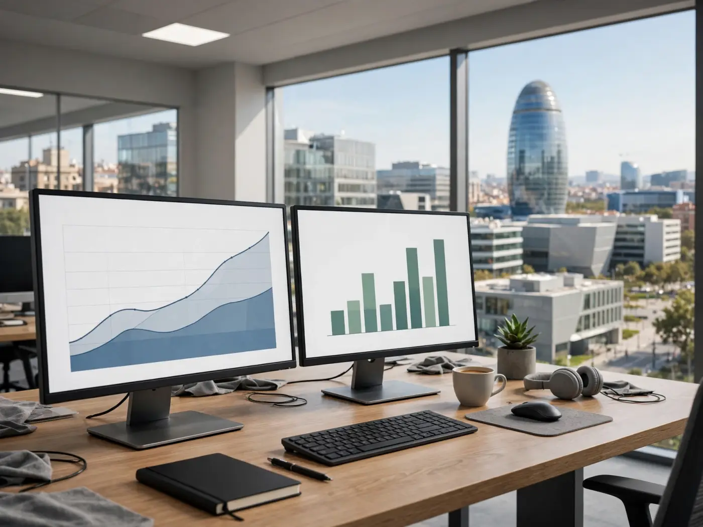 Espacio de trabajo analítico con monitores mostrando gráficos conceptuales